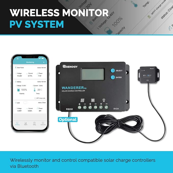 Renogy 10A 12V/24V PWM Postive Ground Solar Charge Controller Regulator Compact Design w/ LCD Display for Deep Cycle Sealed, Gel, and Flooded Battery, Wanderer PG 10A,Black - Image 6