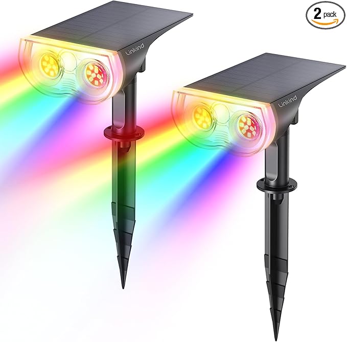Linkind Solar Lights Outdoor Waterproof IP65, StarRay RGB Solar Spot Lights Outdoor, Color Changing Outdoor Solar Lights for Yard, Garden, Pathway, Easter Decor (Multicolor, 2 Pack)