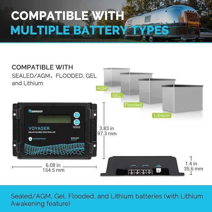 Renogy Voyager 20A 12V/24V PWM Waterproof Solar Charge Controller w/ LCD Display for AGM, Gel, Flooded and Lithium Battery, Used in RVs, Trailers, Boats, Yachts, Voyager 20A - Image 4