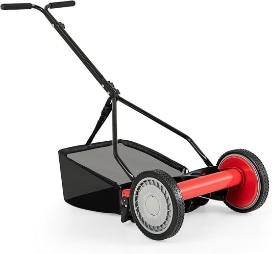 IRONMAX Lawn Mower, 14 Inch Push Reel Lawn Mower with 5 Steel Blades, Adjustable Cutting Heights, Grass Catcher Bag, Walk-Behind Manual Lawnmower for Garden Park Yard, No Motor (Red, 14 Inch) by IRONMAX