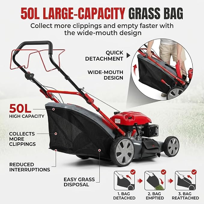 173cc Gas Lawn Mower, Self-Propelled Rear Wheel Drive, Adjustable 3-Speed Settings, 20" Cutting Width, 60L Grass Catcher, Ideal for Large Lawns, Easy Start & Efficient Grass Collect Red - Image 6