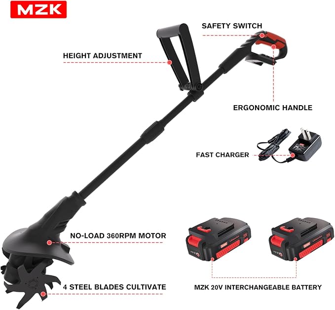 MZK 20V Cordless Tiller Cultivator with Steel Tines,8-inch Wide Battery Powered Garden Cultivator, 360RPM Electric Tiller for Lawn/Gardening/Soil Cultivation(2 * 2AH Battery&Charger Included),TC08D01 - Image 2