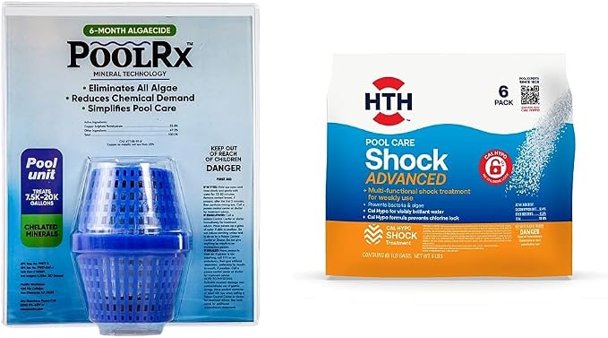 Pool RX 101001 6 Month Algaecide Blue Treats 7.5k-20k gallons + HTH 52036 Swimming Pool Care Shock Advanced, Swimming Pool Chemical, Cal Hypo Formula, (6 pack) by Unknown
