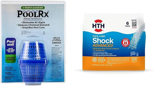 Pool RX 101001 6 Month Algaecide Blue Treats 7.5k-20k gallons + HTH 52036 Swimming Pool Care Shock Advanced, Swimming Pool Chemical, Cal Hypo Formula, (6 pack) by Unknown