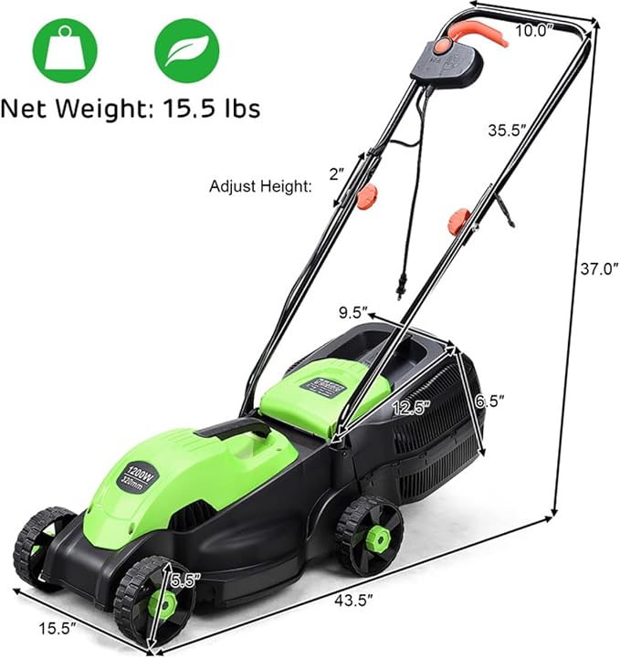 13-Inch Electric Lawn Mower 8 Gal Grass Collection Box 3 Adjustable Cutting Heights Lightweight 15.5LBS Push Mower for Garden (Green) - Image 2