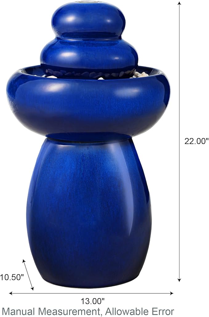 Glitzhome 22" H Zen-Style Outdoor Ceramic Fountain, 3 Tier Pedestal Cascading Water Fountains with LED Light & Pump, Cobalt Blue Pebbles Garden Fountains Waterfalls for Patio, Deck, Porch Decor