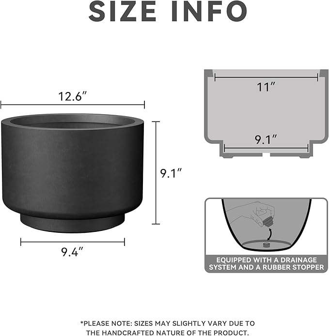 Kante 12.6 Inch Dia Concrete Planter, Round Pedestal Design Garden Pot for Indoor Outdoor Plants, Modern Flower Pot with Drainage Hole and Rubber Plug, Black