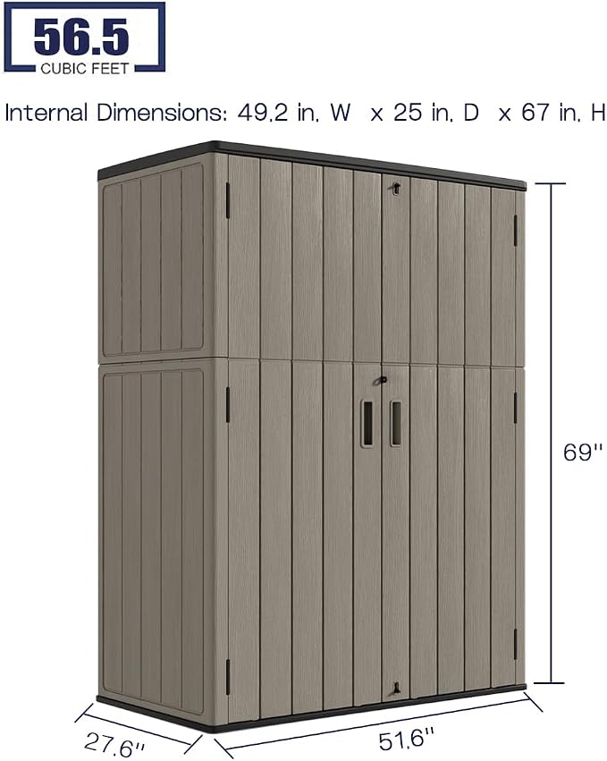 KINYING Outdoor Storage Cabinet Waterproof, 57 Cu.ft Resin Vertical Outdoor Storage Shed for Patio Furniture, Garden Tools, Pool Accessories, Mower Storage (Brown) - Image 3