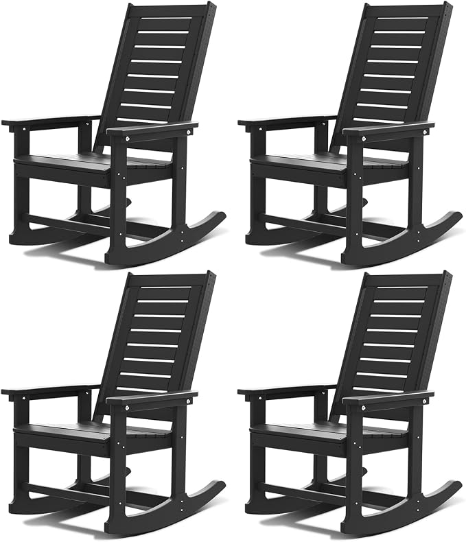GREENVINES Outdoor Rocking Chairs | Set of 4 | Porch Rocker | HDPE Plastic | Black | Oversized Rockers | High Back | Big & Tall | Ladder Back | for Patio Outside Backyard Balcony Garden by GreenVines
