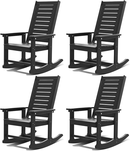 GREENVINES Outdoor Rocking Chairs | Set of 4 | Porch Rocker | HDPE Plastic | Black | Oversized Rockers | High Back | Big & Tall | Ladder Back | for Patio Outside Backyard Balcony Garden by GreenVines