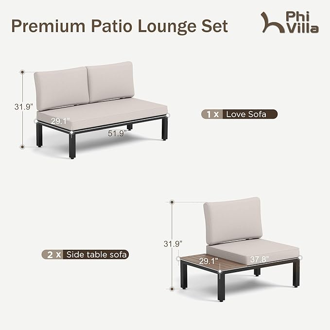 PHI VILLA 3 Pieces Outdoor Patio Furniture Set,Metal Frame Modern Outdoor Sectional Sofa Set,4 Seats Patio Conversation Sets with Coffee Table,for Poolside and Backyard,Light Grey
