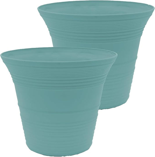 The HC Companies 12 Inch Sedona Round Self Watering Planter Pots, Lightweight UV-Resistant Plastic Indoor & Outdoor Planters, 2-Pack Flower Pots for Garden & Home Decor, Dusty Teal