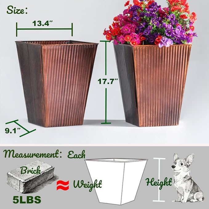 Ultiteque18 H x13 Dia Large Copper Metal Planter Set of 2, Tall Square Tapered Steel Flower pots for Indoor Plants, Indoor Plant Pots Lightweight for Apartment Office, Planter Pots with Drainage&Plug