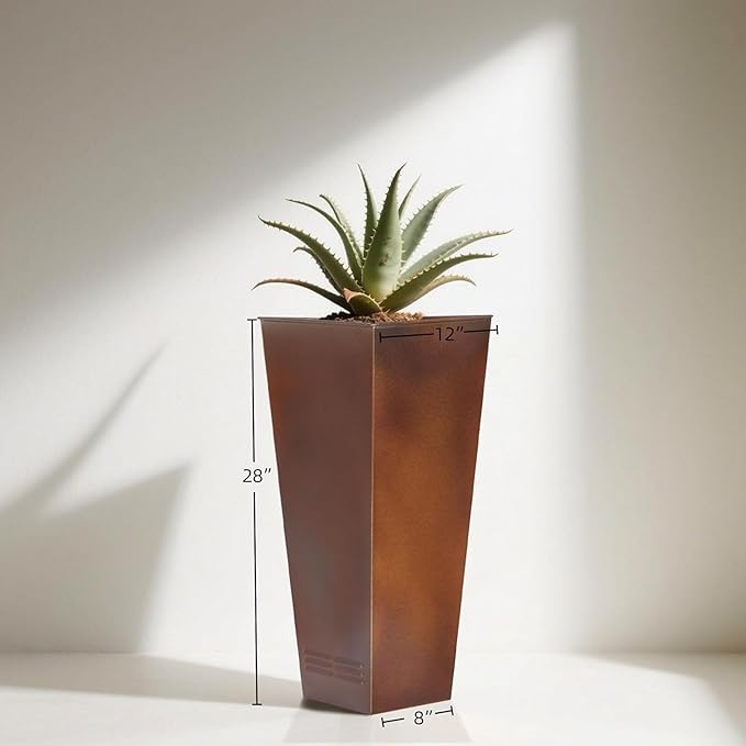 Worth 2 Pack 28" Tall Large Metal Planter, Tapered Steel Flower Pots with Insert Plate with Drain Holes & Air Vents for Indoor or Outdoor Use, Bronze