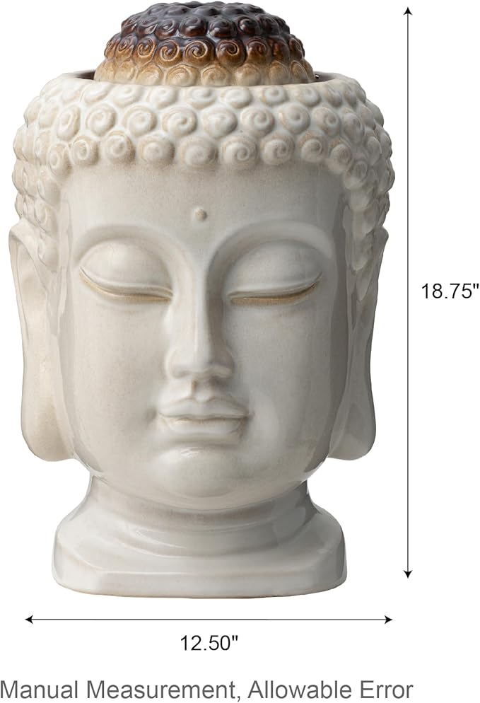 Glitzhome Buddha Head Ceramic Outdoor Fountain with LED Lights, Zen-Style Outdoor Water Fountains for Porch Deck Garden Patio Backyard, Sand Beige Textured Glaze Floor Table Water Fountain, 18.75" H
