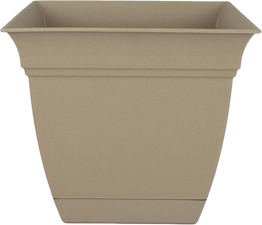 The HC Companies Eclipse Square Plastic Planter w/Attached Saucer - Outdoor & Indoor Plant Pot with Drainage Holes - Lightweight, UV-Resistant Plastic Pots for Plants (8" Sandstone, Pack of 1)