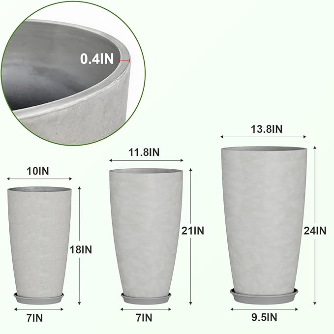 QCQHDU 24, 21, 18 inch Tall Planters for Outdoor Plants, with Drainage Hole & Saucer, Set of 3 Tall Outdoor Planter for Indoor & Outdoor Plants, Modern Home Decor