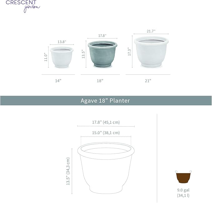 Crescent Garden Agave Planter, Classic Lightweight Resin Planter - UV-Resistant Flower Pots - Indoor & Outdoor Pot for Flowers, Houseplant, Herbs, 14" W x 11" H (Parchment)
