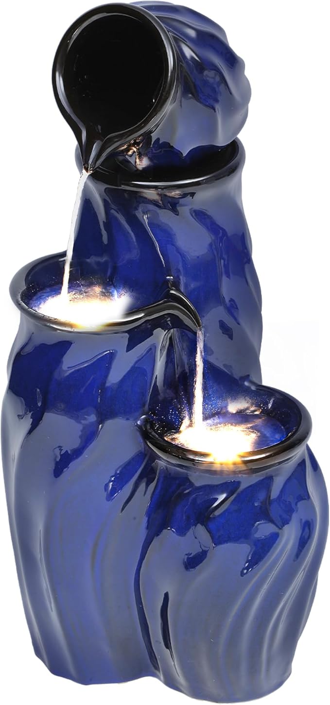 29" Ceramic Water Fountain Outdoor, 4-Tier Dynamic Wavy Outdoor Fountain with Artistic Cobalt Blue Glaze, Decorative Water Feature, Cascading Waterfalls for Serene Garden Patio Yard Porch Decor