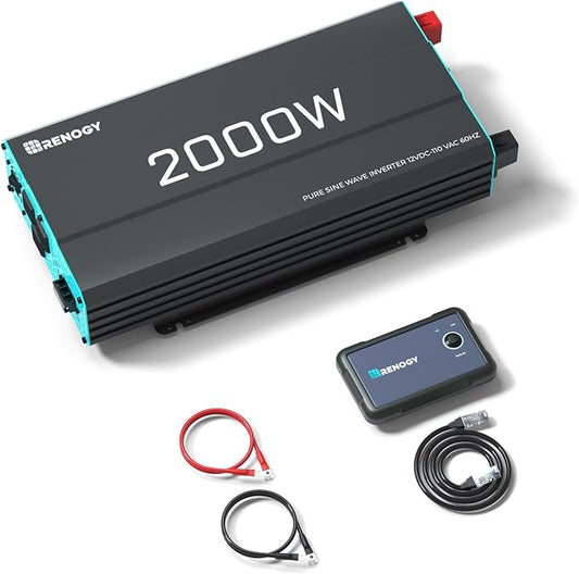 Renogy Inverter P2 2000W Pure Sine Wave Inverter 12V DC to 110V AC Converter, Off-Grid Solar Power Inverters for Vehicles, Truck, RV, Home, with Built-in 5V/2.1A USB / Hardwire Port, Remote Controller by RenogySolar