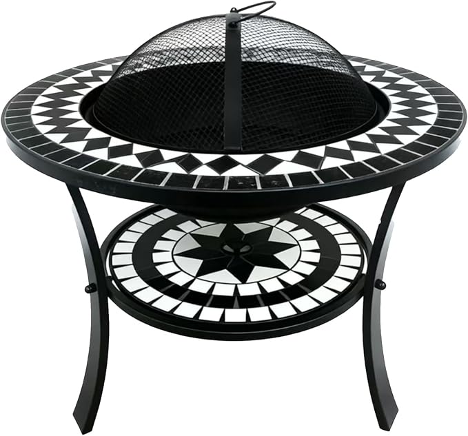 Mosaic Outdoor Fire Pit Table with BBQ Grill, Round Terracotta Pattern Top, Black Metal Stand, Patio Garden Decor Customized (Black) - Image 2