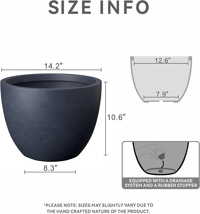 Kante 14.2 Inch Round Concrete Planter - Classic Large Indoor/Outdoor Plant Pot with Drainage Hole and Rubber Plug, Suitable for Gardens and Patios, Charcoal