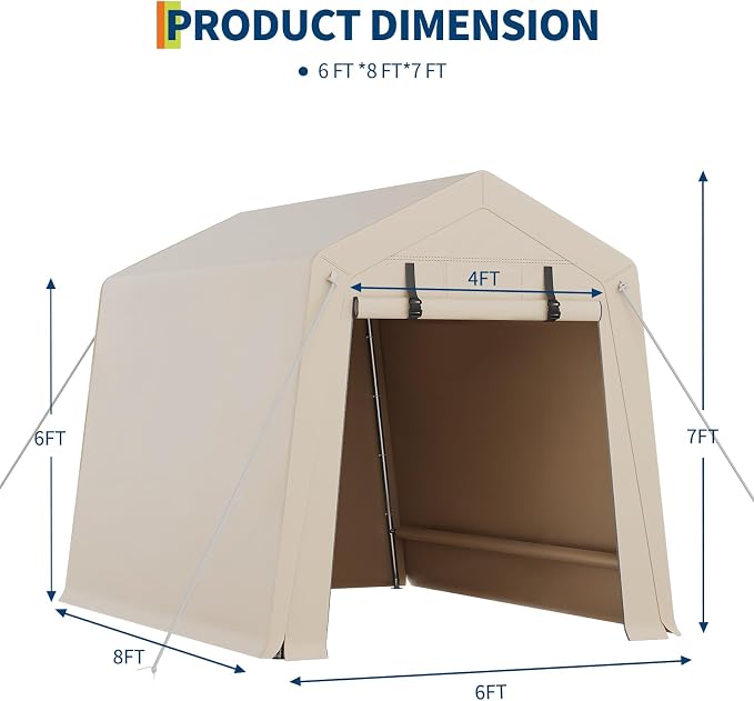 GarveeLife Portable Outdoor Storage Shed with Roll-Up Zipper Door & Vent, 240G Heavy-Duty Shelter Waterproof PE Tarp, UV-Resistant Carport for Motorcycle, Firewood, Tools (Khaki, 6'x8') - Image 2