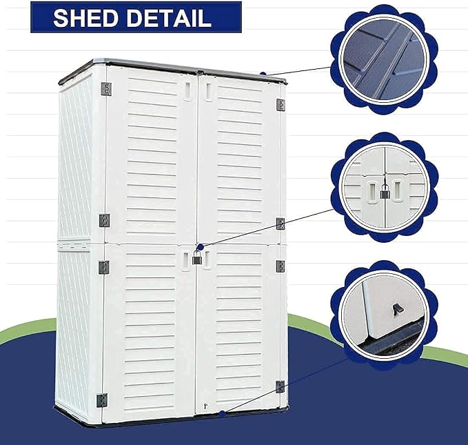 KINYING Outdoor Storage Shed Waterproof, Resin Vertical Storage Cabinet Double-Layered, Versatile to Store Patio Furniture, Garden Tools, Pool Accessories,Mower (66 Cu.ft,White) - Image 8
