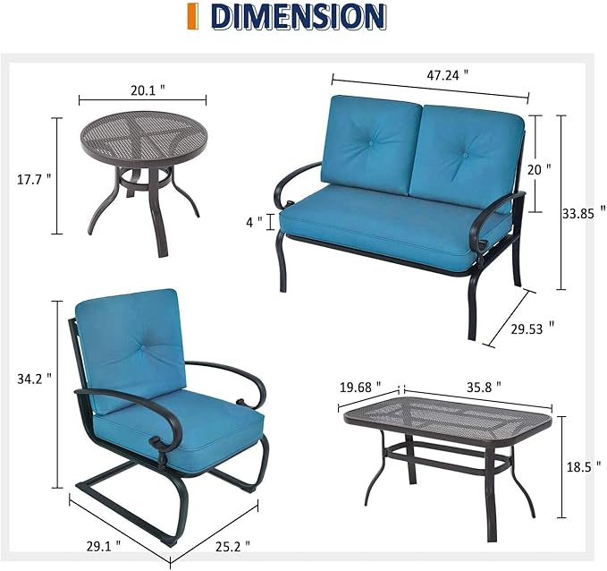 SOLAURA 5-Piece Patio Furniture Conversation Sets with Wrought Iron Loveseat and Spring Chairs（Peacock Blue）