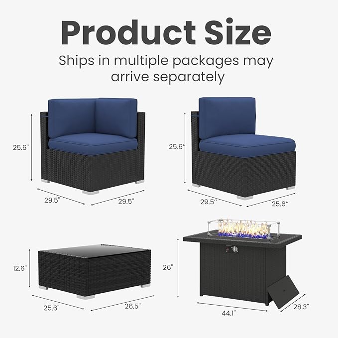 6 Pieces Patio Furniture Set with 44" Propane Gas Fire Pit Table, Outdoor Sectional Wicker Conversation Sofa Sets with Coffee Table