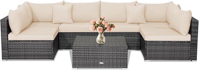 Tangkula 7 Piece Patio Wicker Furniture Set, Outdoor Rattan Sectional Sofa Set for 6 with Seat & Back Cushions, 2 Throw Pillows, Sofa Fastener Clips, for Backyard, Poolside, Deck and Garden (Beige)