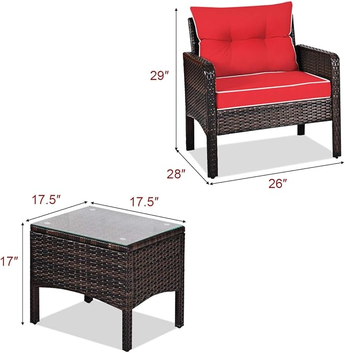 Tangkula 3 Piece Outdoor Patio Furniture Set, Wicker Chairs Set with Glass Top Coffee Table, Thick Cushions, All Weather Garden Lawn Poolside Backyard Porch Furniture Set for 2 (Red)