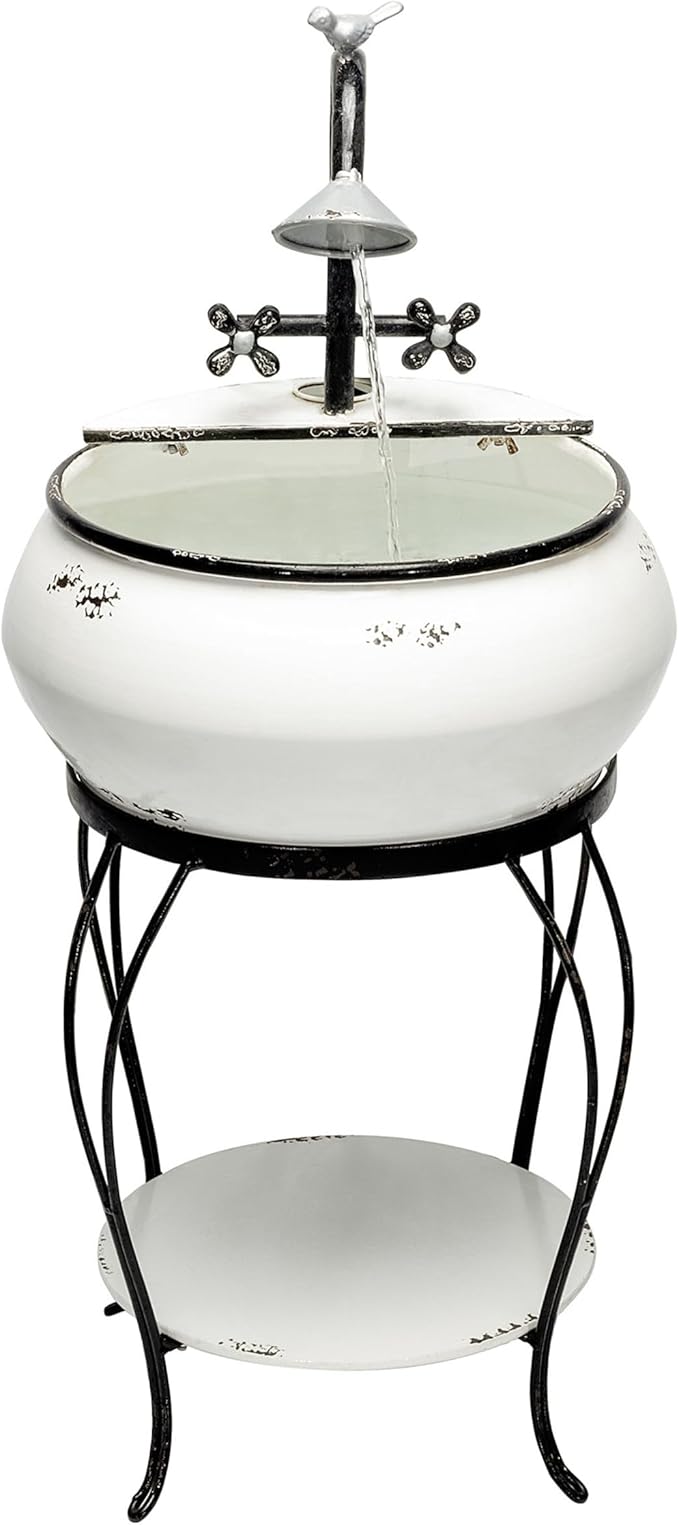 Alpine Corporation YHL170 32” Indoor/Outdoor Antique Metal Sink Water Fountain with Stand – Charming Waterfall Feature for Garden, Patio & Home Decor, White
