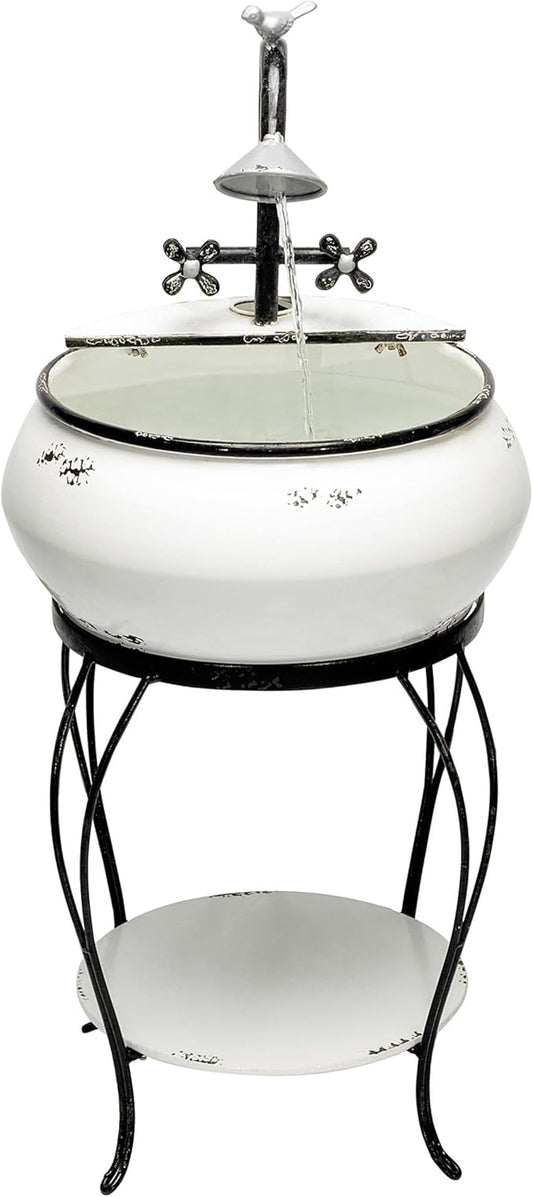 Alpine Corporation YHL170 32” Indoor/Outdoor Antique Metal Sink Water Fountain with Stand – Charming Waterfall Feature for Garden, Patio & Home Decor, White