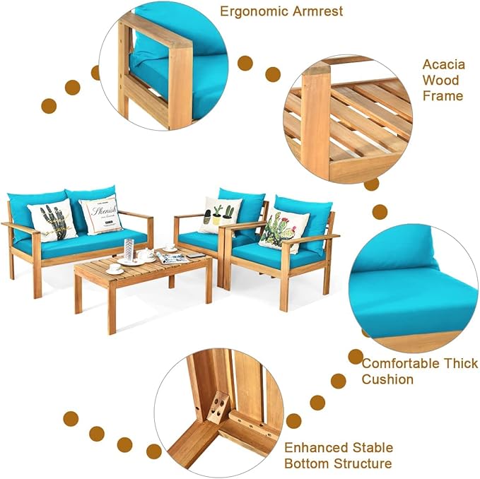 Tangkula Outdoor 4-Piece Acacia Wood Chat Set, 4 Seater Acacia Wood Conversation Sofa and Table Set with Water Resistant Cushions, Teak Finished (1, Turquoise)