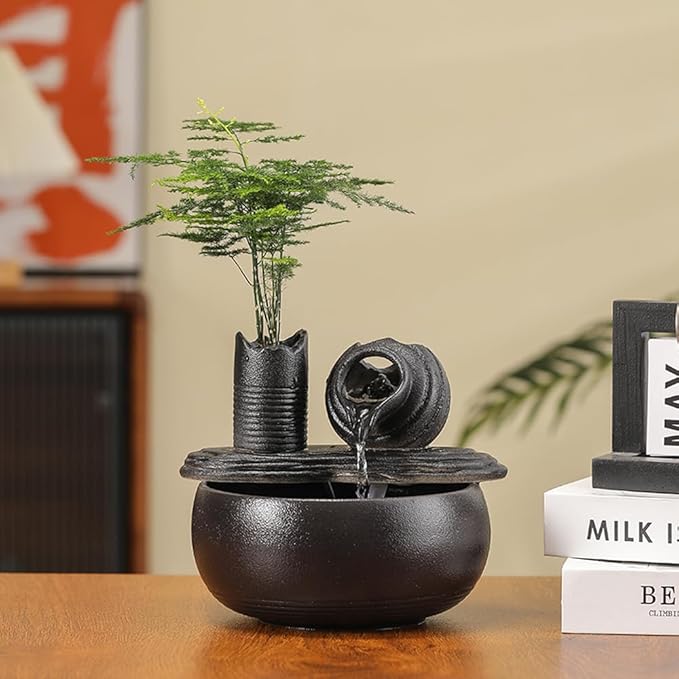 Ceramic Tabletop Fountain Water Feature Fall Indoor and Outdoor Decoration (Black Pot A150)