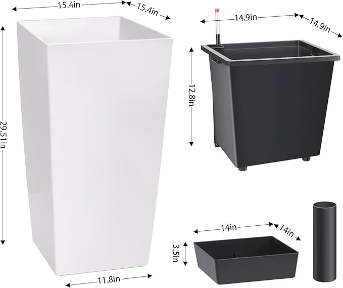 PeakPursuit 30" Tall Planters Set of 2, Outdoor＆Indoor Black Planter Pots, High Front Porch Planter Pots with Drainage Holes＆Water Level Monitor＆Inner Bucket, Automatic Watering, White