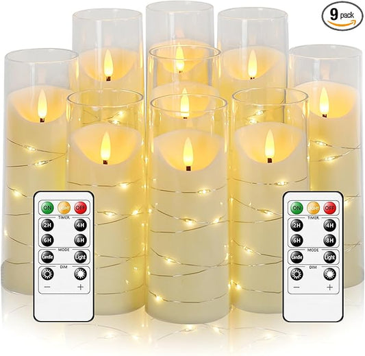 Flameless Candles with Embedded Star String, Battery Operated LED Pillar Candles with Timer and Remote Control,Home Decorating for Ambiance， Set of 9 (Ivory)