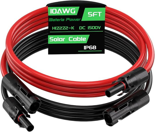 5Feet 10AWG Solar Panel Extension Cable, Bateria Power 10 Gauge 6mm² PV Wire with Female & Male Waterproof Connectors for RV, Photovoltaic Systems, Set of 2 by BateriaPower
