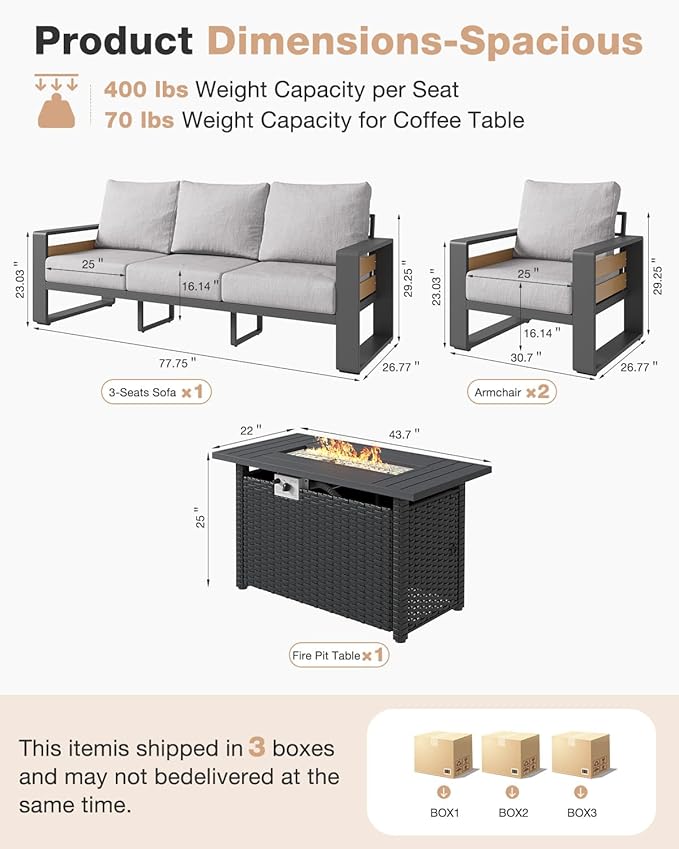 Aoxun Aluminum Patio Furniture Set with Fire Pit Table, 5 Seats Luxury Outdoor Sectional with 6" Olefin Fabric Cushions, Patio Conversation Sets with Outdoor Sofas for Backyard, Deck Light Grey