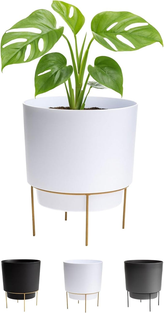 Bloem Hopson 14" Round Casper White Plastic Resin Planter with Drainage Holes and Gold Metal Stand, Made in USA