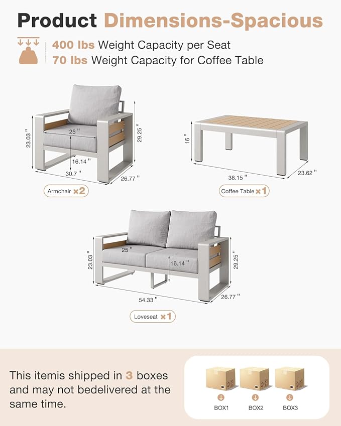 Aoxun Aluminum Patio Furniture Set, 4 Piece Luxury Outdoor Sectional with 6" Olefin Fabric Cushions, Patio Conversation Sets with Coffee Table and Waterproof Cover for Backyard, Porch Grey