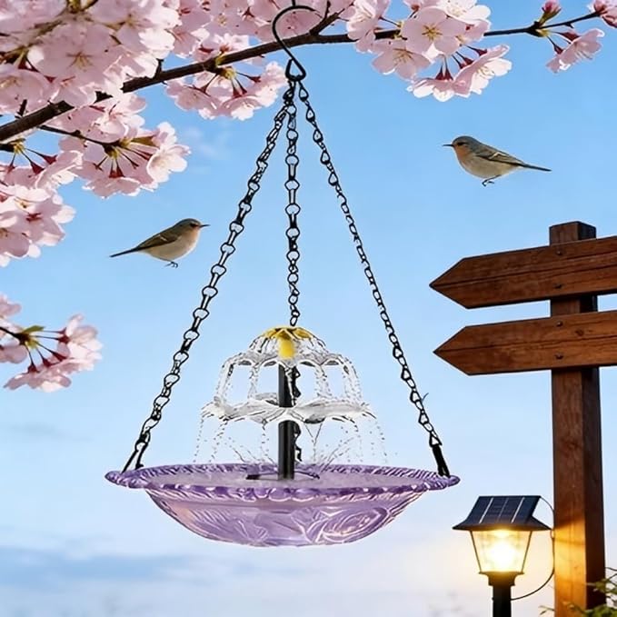Hanging Solar Bird Bath Fountain 3 Layers,Solar Cascade Hanging Bird Bath Fountain,Hummingbird Water Fountain Solar with Solar Water Pump,Suitable for Gardens,Backyards,Patios,and Lawns. (Purple)