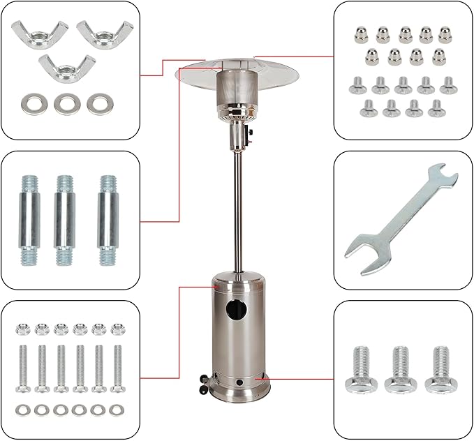 Patio Heater Replacement Hardware Parts, Propane Outdoor Space Patio Heater Bolt and Nut Set PatioHeater Reflector Shield Accessories or Round Umbrella Shape Stand-up Pyramid Heater Heat Kit