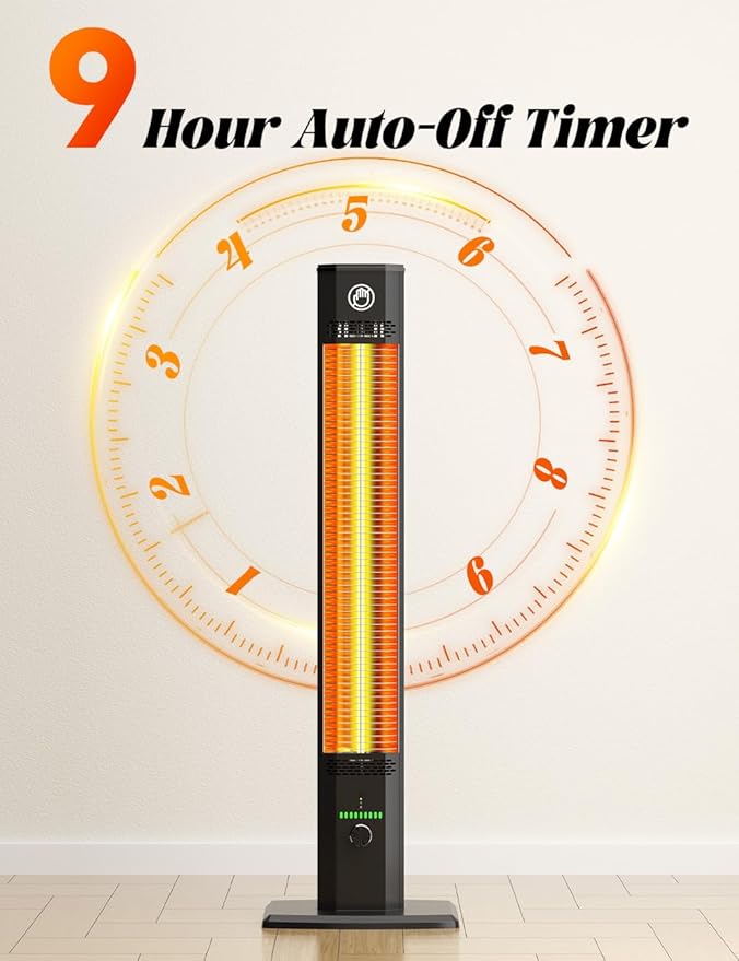 42INCH Outdoor Heater, 9Heat Levels & 540Min Timer, Child Safety Lock, IP65 Waterproof Garage Heater, 1500W Infrared Heating,Tip-Over&Overheat Protection,Patio Heaters for Outdoor Use Indoor