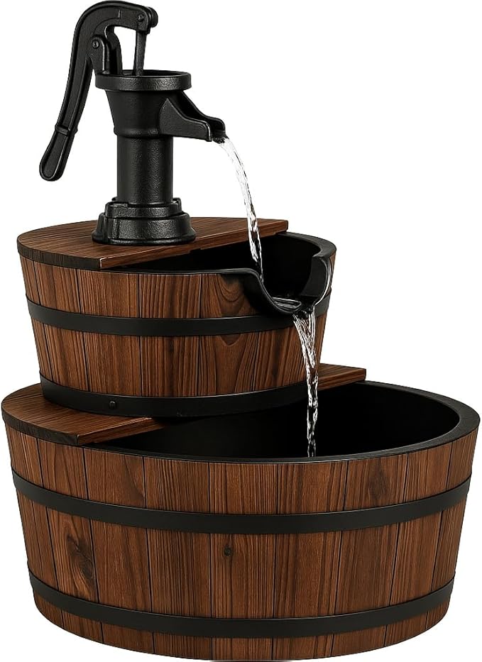 Tangkula 2-Tier Water Fountain Outdoor, Rustic Wood Cascading Waterfall Fountain with Electric Pump, Outside Water Feature with Decorative Hand for Garden Patio Backyard (Fir Wood)