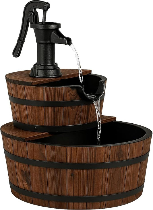 Tangkula 2-Tier Water Fountain Outdoor, Rustic Wood Cascading Waterfall Fountain with Electric Pump, Outside Water Feature with Decorative Hand for Garden Patio Backyard (Fir Wood)