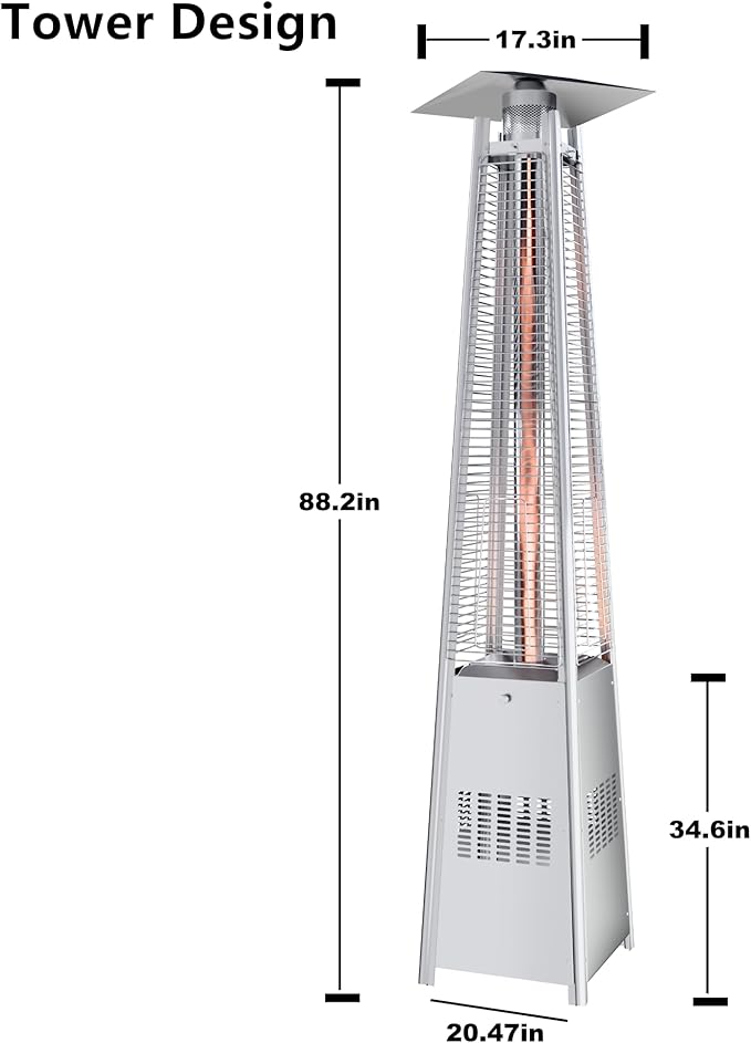 GLANC 48,000 BTU Pyramid Patio Heater, Outdoor Patio Heaters for Outdoor Use with Cover & Wheels, 88" Quartz Glass Tube Propane Heater for Deck Backyard Commercial, Triple Safety Protection (Silver)