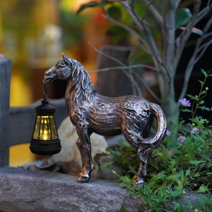 Solar Garden Horse Figurine with Lantern - Outdoor Farmhouse Statue, Whimsical Decor for Indoor Home - Housewarming Gift for Mom Grandma (Bronze)