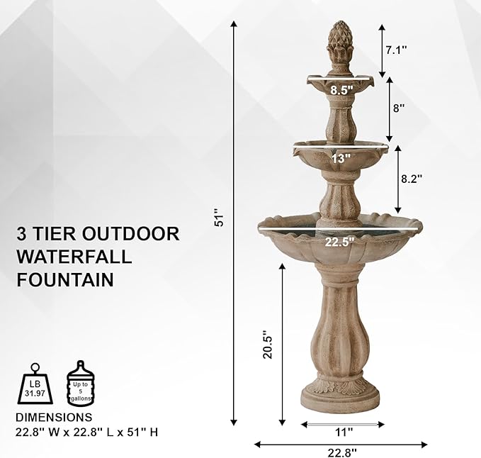 XBrand 51" 3-Tier Outdoor Freestanding Waterfall Fountain with Pump and Pineapple Finial, Beige